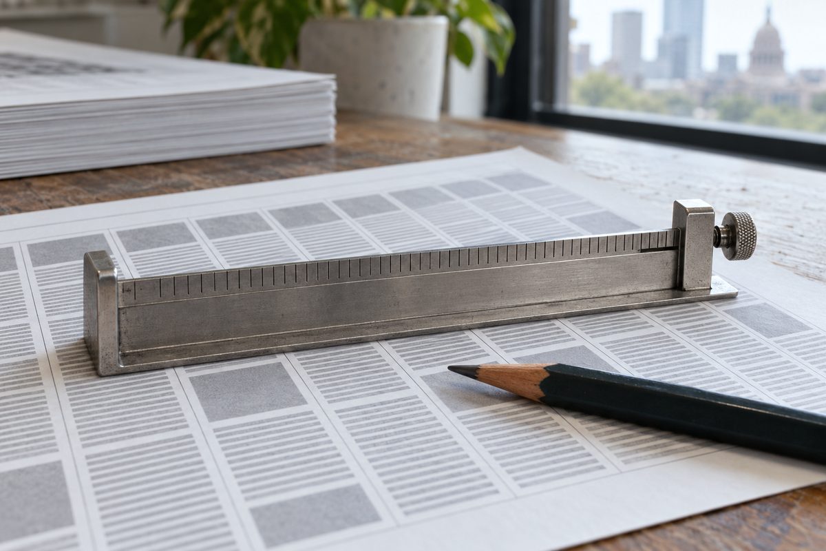 Stainless steel typesetter line gauge and drafting pencil on printed grid layout sheet