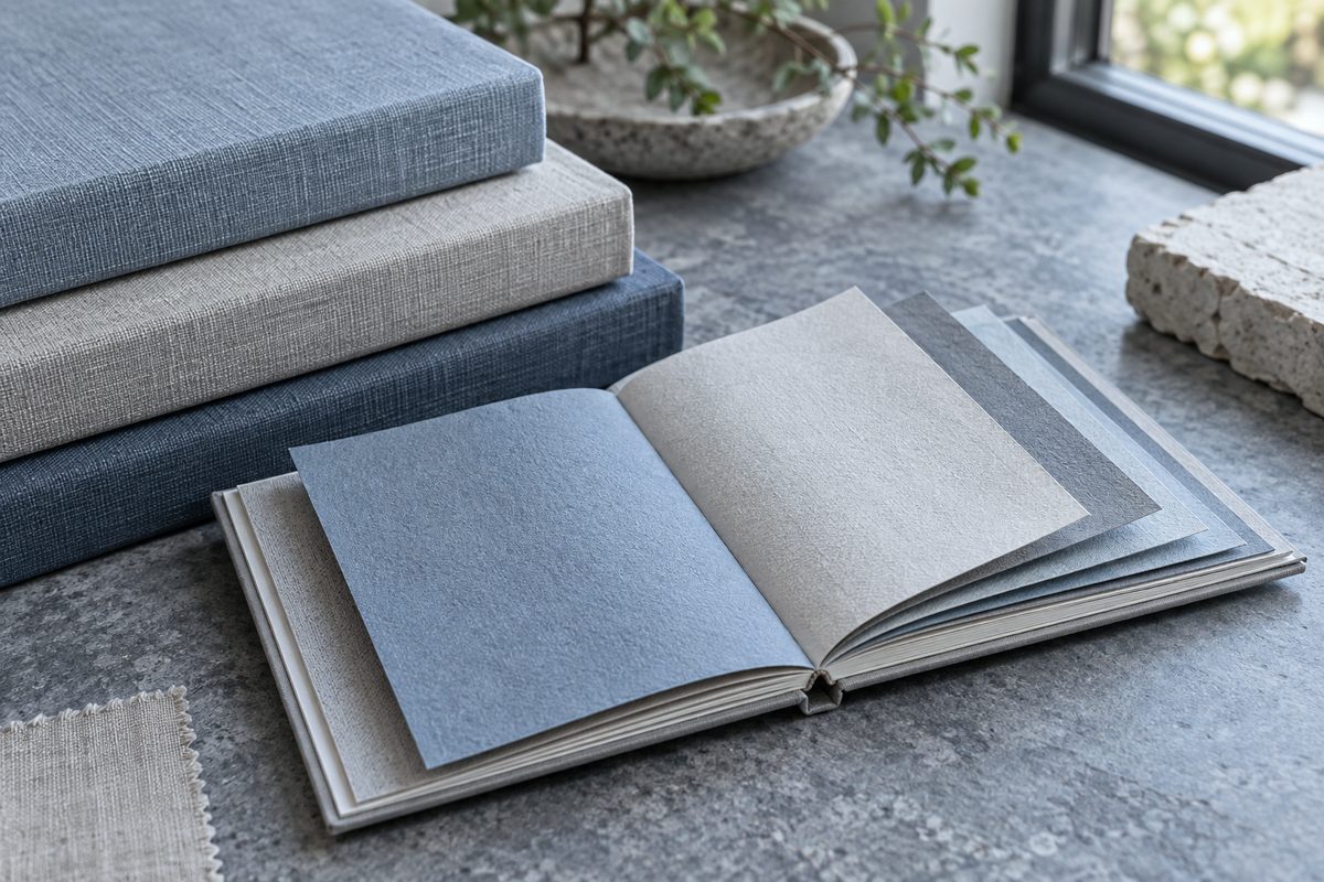 Textured linen bookcloth bindings and paper specimen cards in cool grey and pale glacier tones