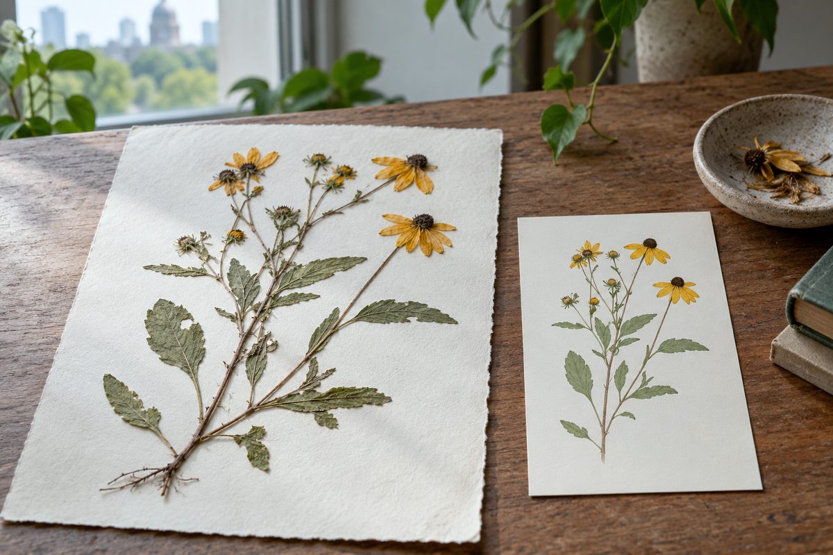 Pressed botanical specimens and minimalist taxonomy publication cards