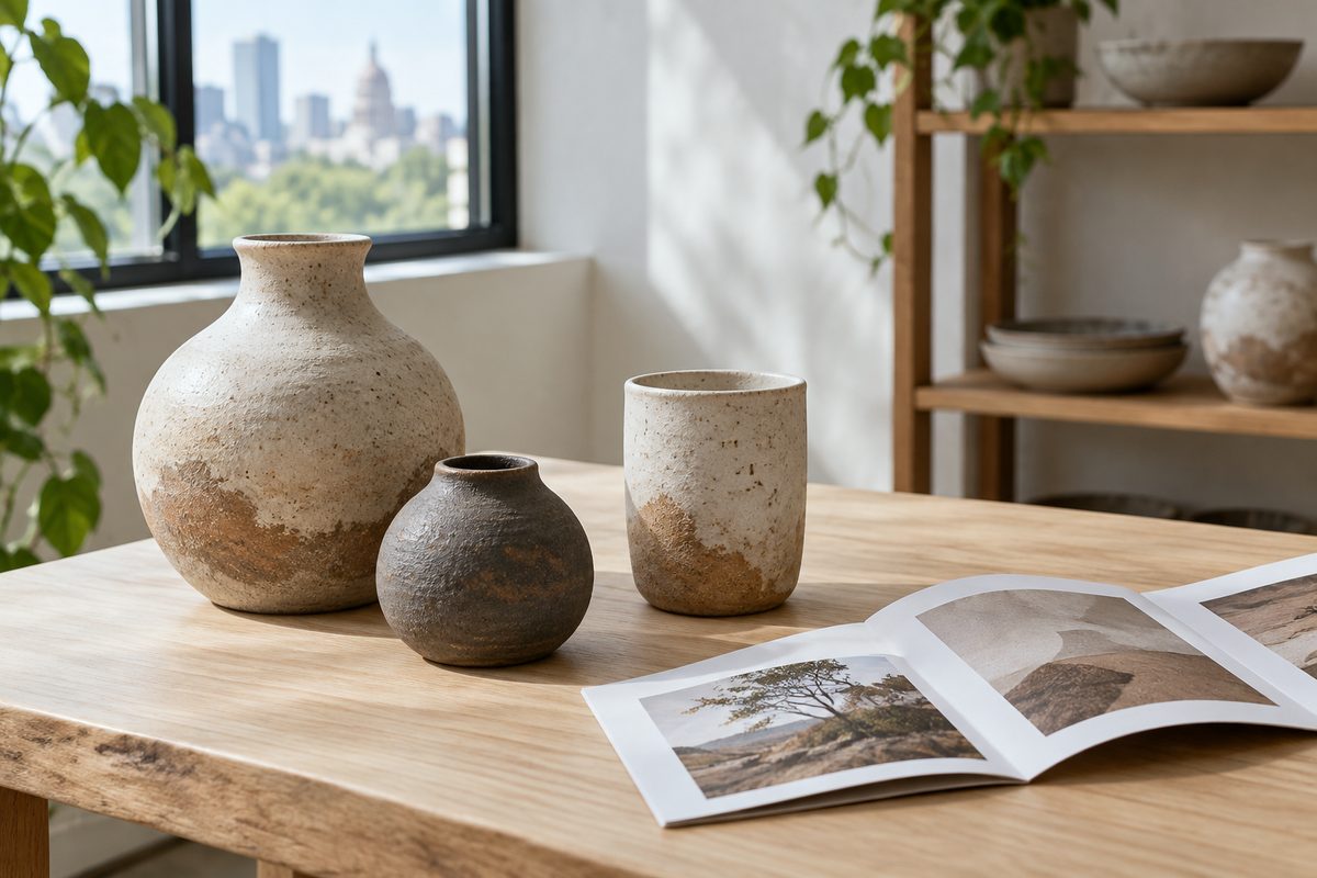 Handcrafted ceramic vessels and folded exhibition booklet on ash wood surface