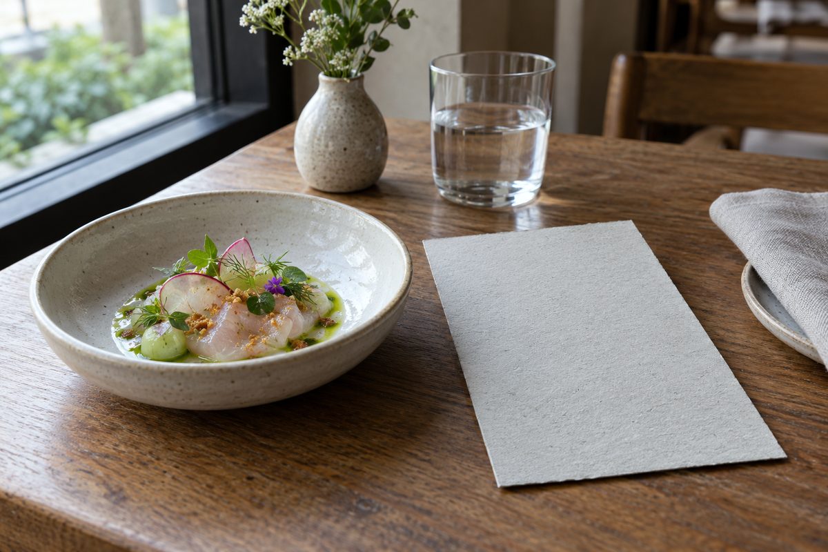 Letterpress tasting menu and porcelain dish on glacier-grey cardstock